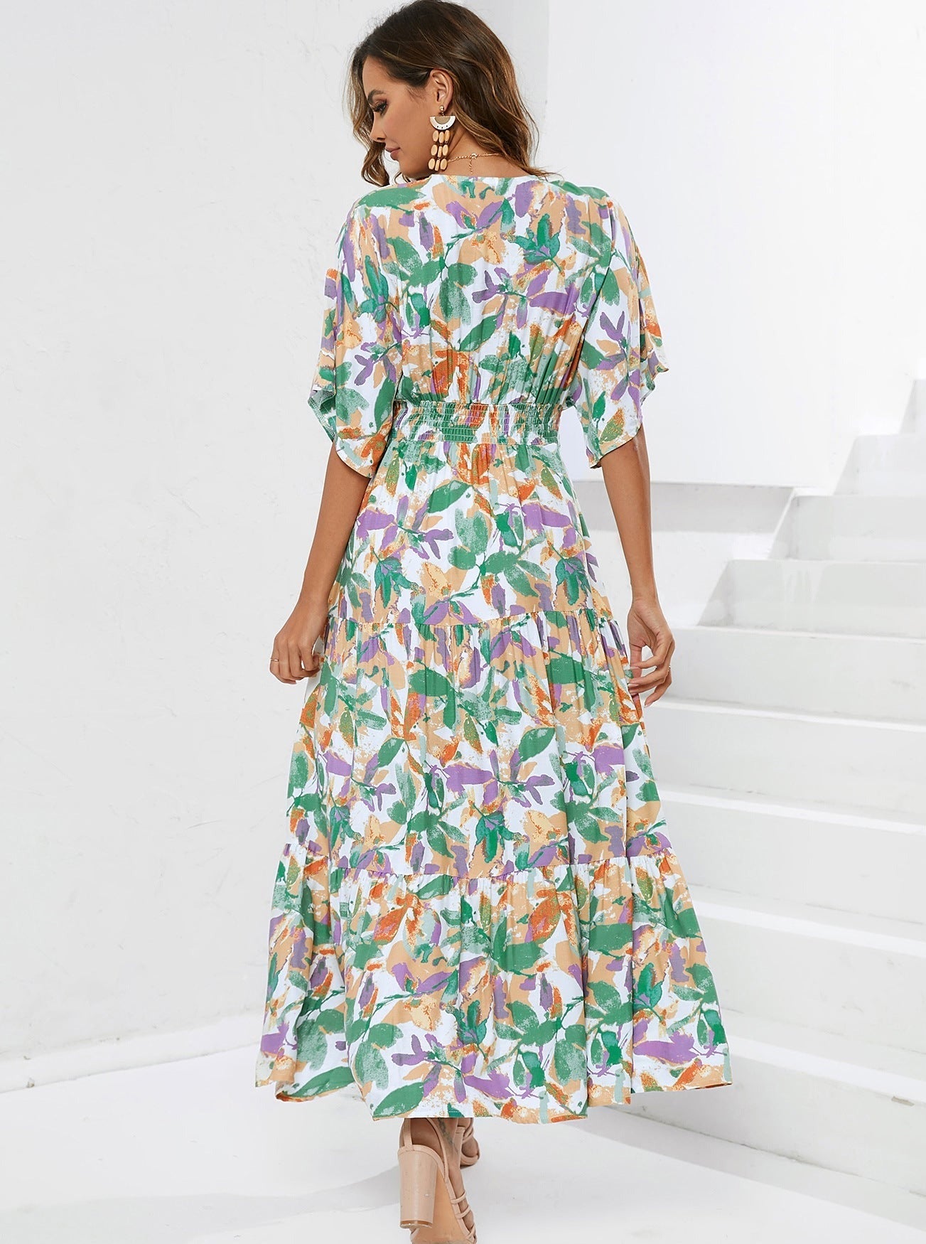 Deep V-Neck Floral Short Sleeve Midi Dress