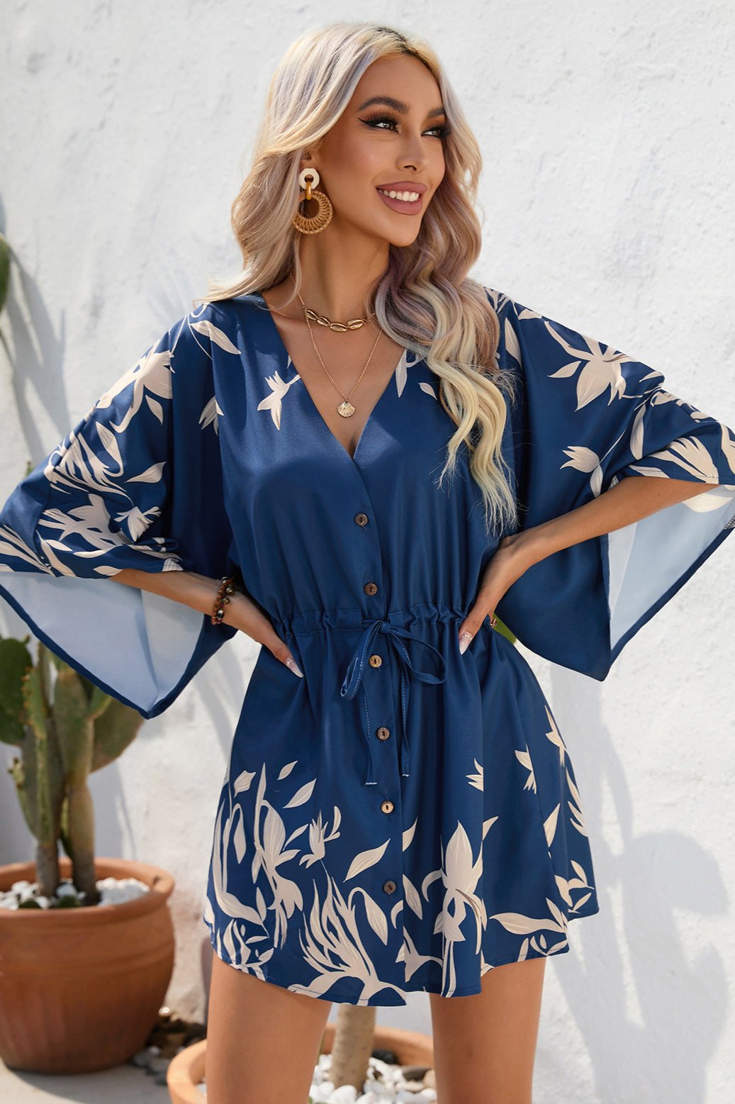 Floral Boho Damen Kimono Playsuit Kurzärmelig - Sommer Strandmode Jumpsuit Bunt