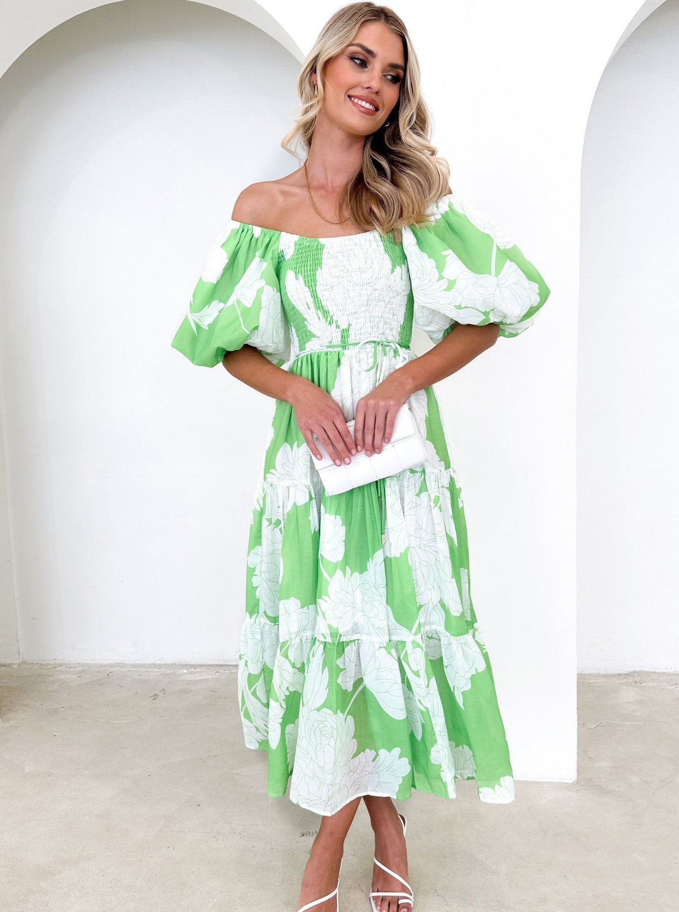 Floral Maxikleid Off-Shoulder Puffärmel Buntes Muster Sommer Chic