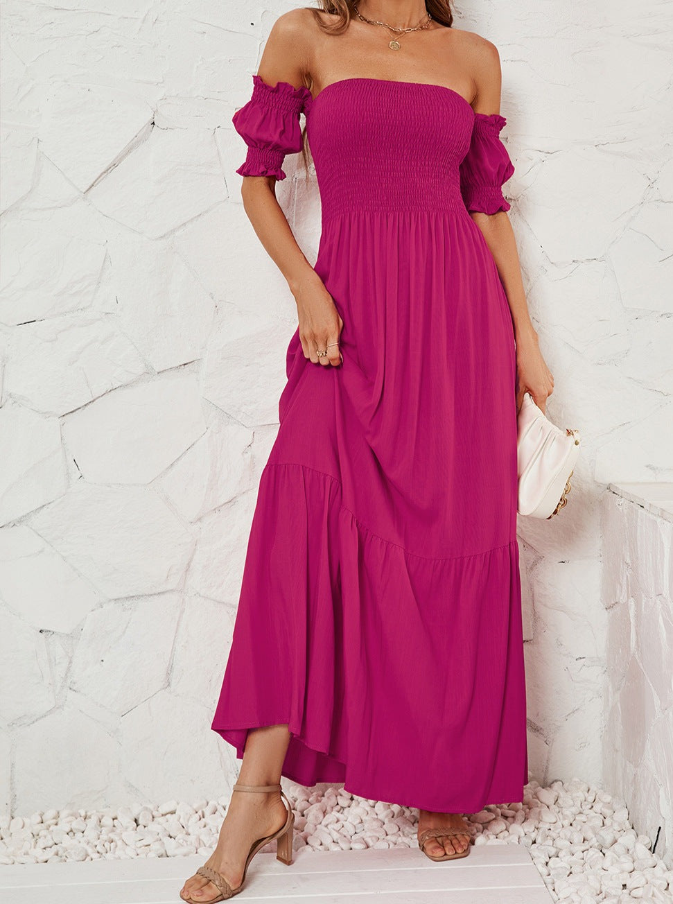 Off Shoulder Bell Sleeve Solid Color Maxi Dress