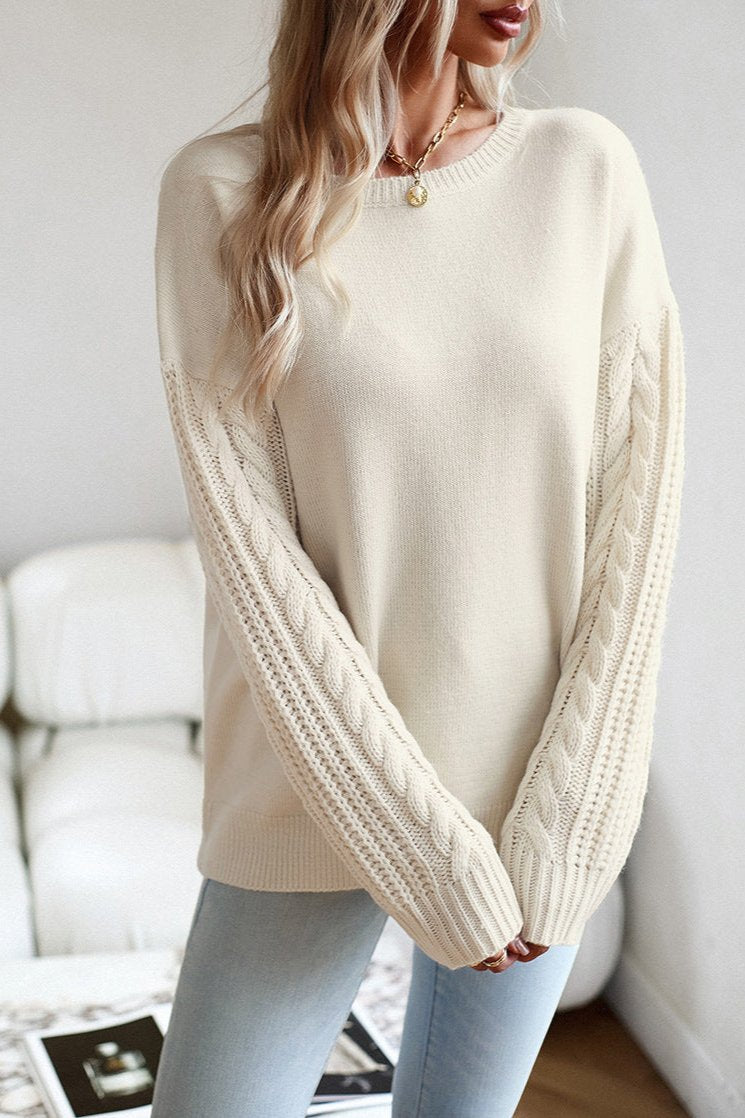 Beige Round Neck Long Sleeve Sweater