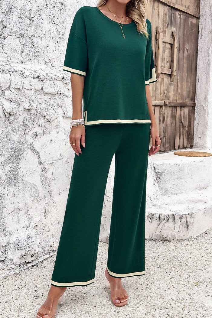 Green Chic Casual Short Sleeve Knitted Top and Pants Set