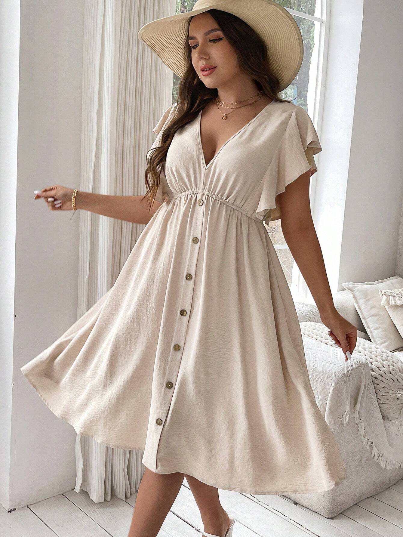 Plus Size V-hals Button Down Sun Dress 