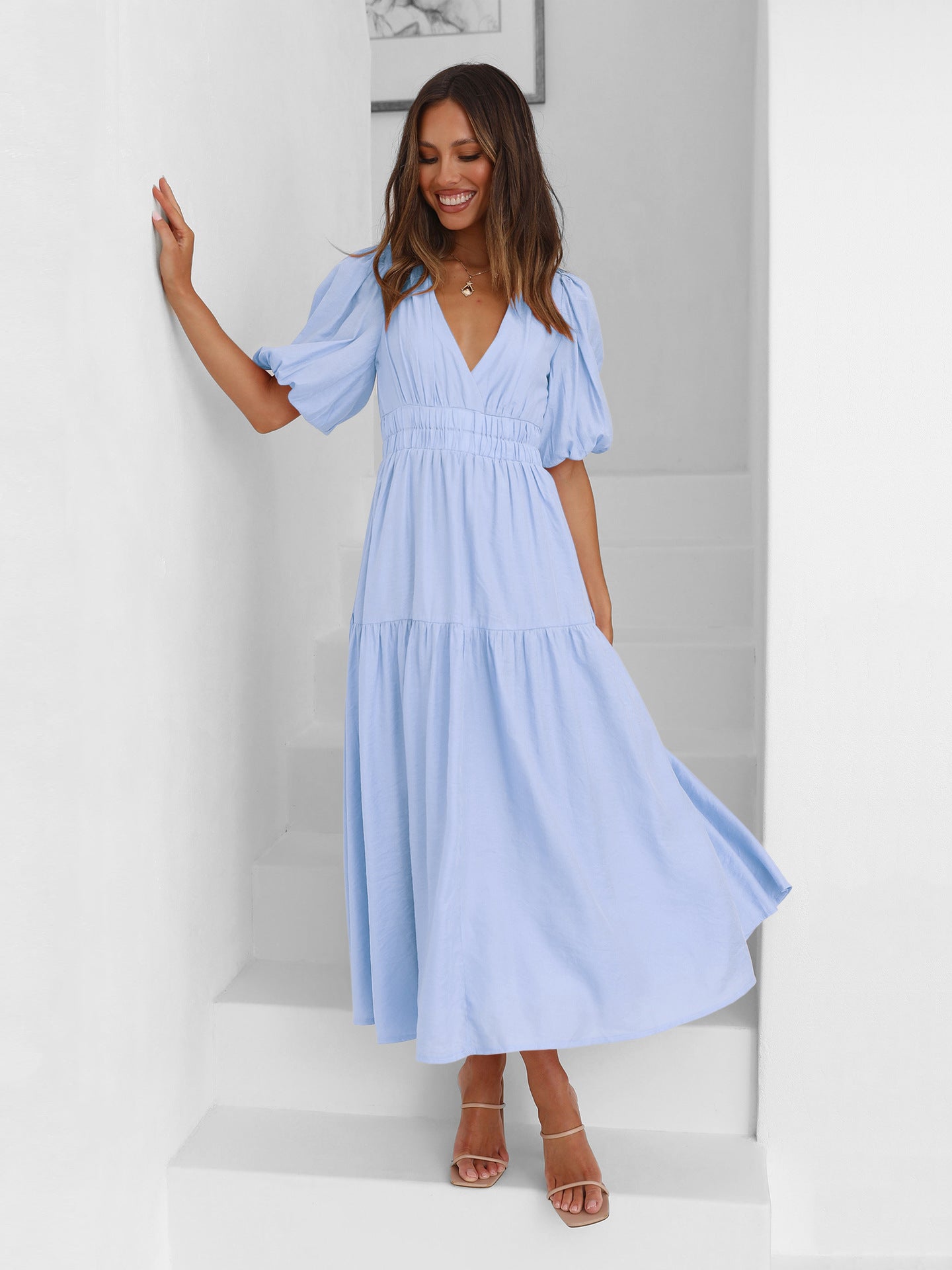 Light Blue Deep V-Neck Puff Sleeve Layered Dress