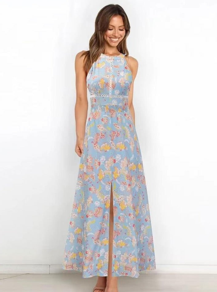 Floral Printed Halter Neck Racer Back Maxi Dress