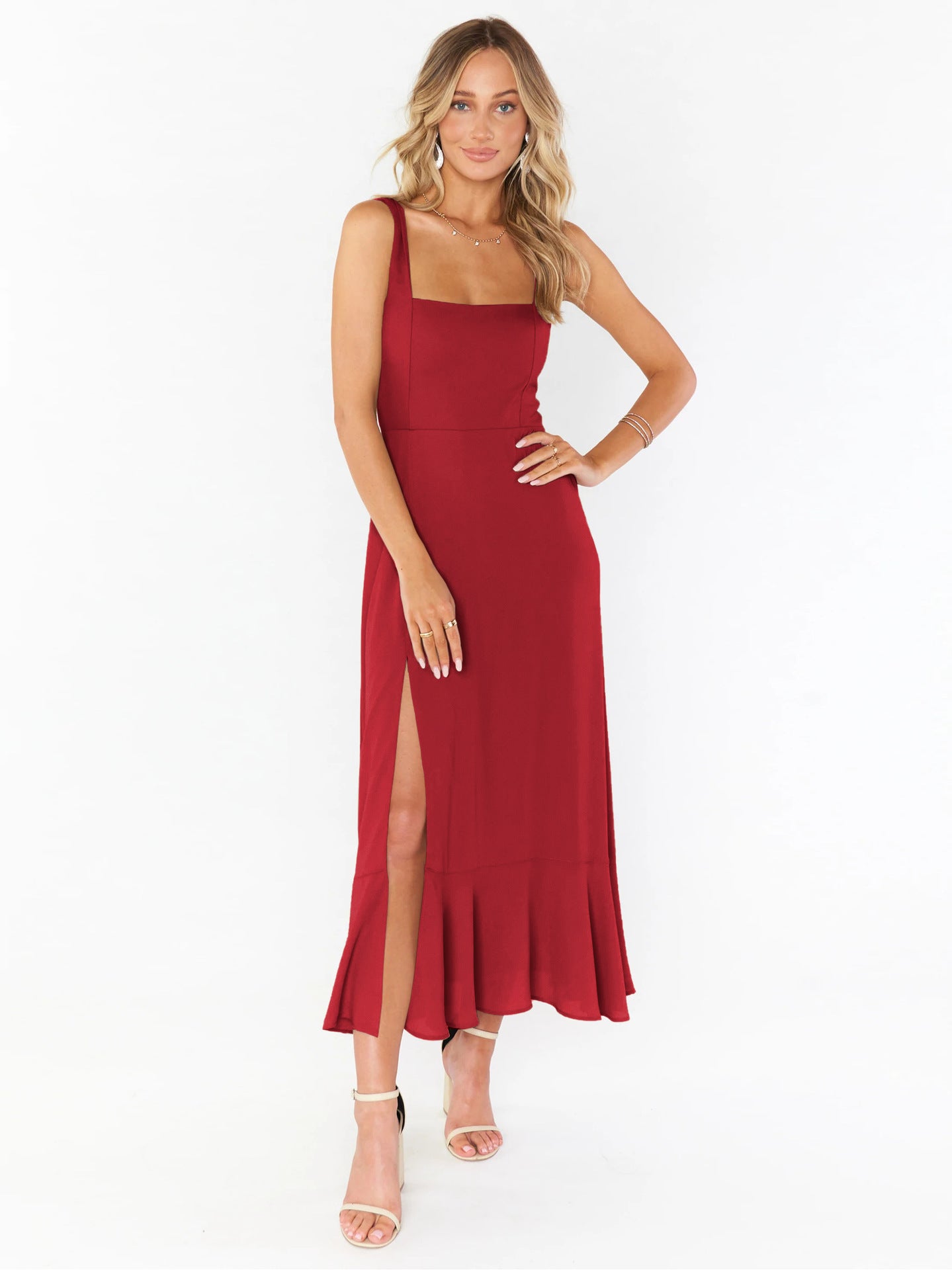 Elegant Solid Color Square Neck Midi Dress