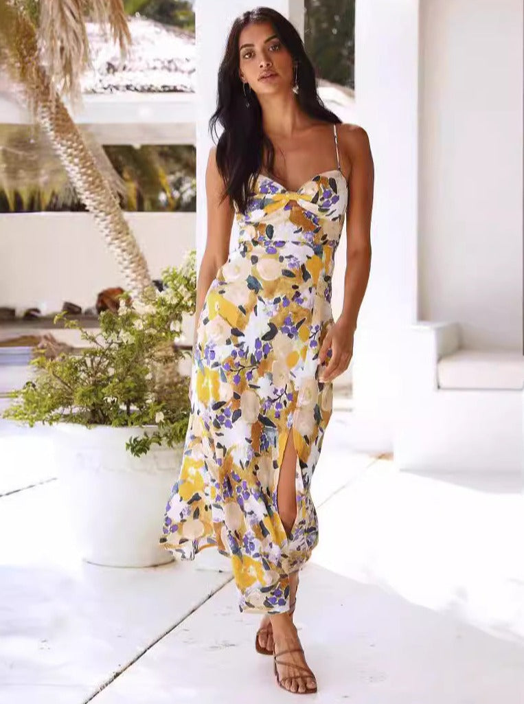 Summer Slim Split Sexet Floral Chiffon Vintage Midi-kjole 