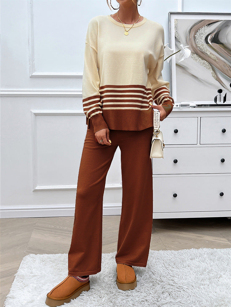 Striped Round Neck Sweater and Trouser Set