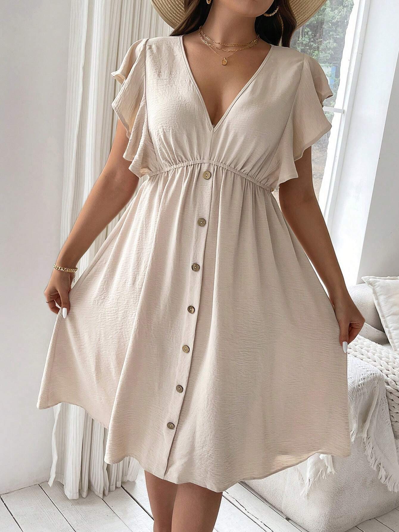 Plus Size V-hals Button Down Sun Dress 