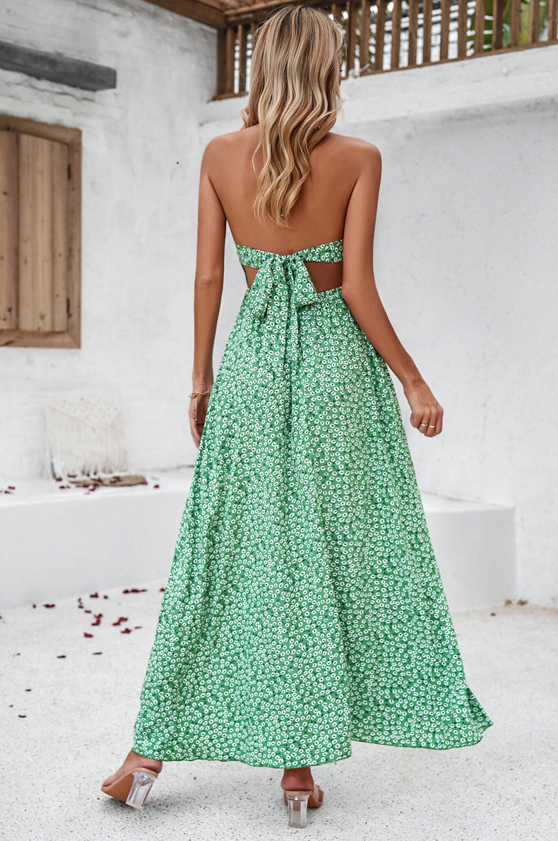 Green V-Neck Tie Back Printed Long Dress