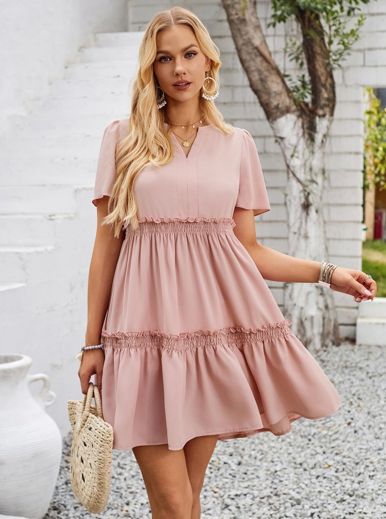 V-Neck Short Sleeve Smocked Ruffle Dress