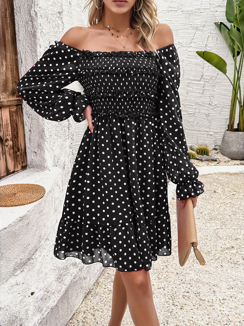 Afslappet sort off Shoulder Polka Dot Kjole 