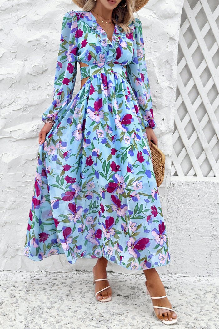 Long Sleeve Deep V-Neck Blue Floral Maxi Dress