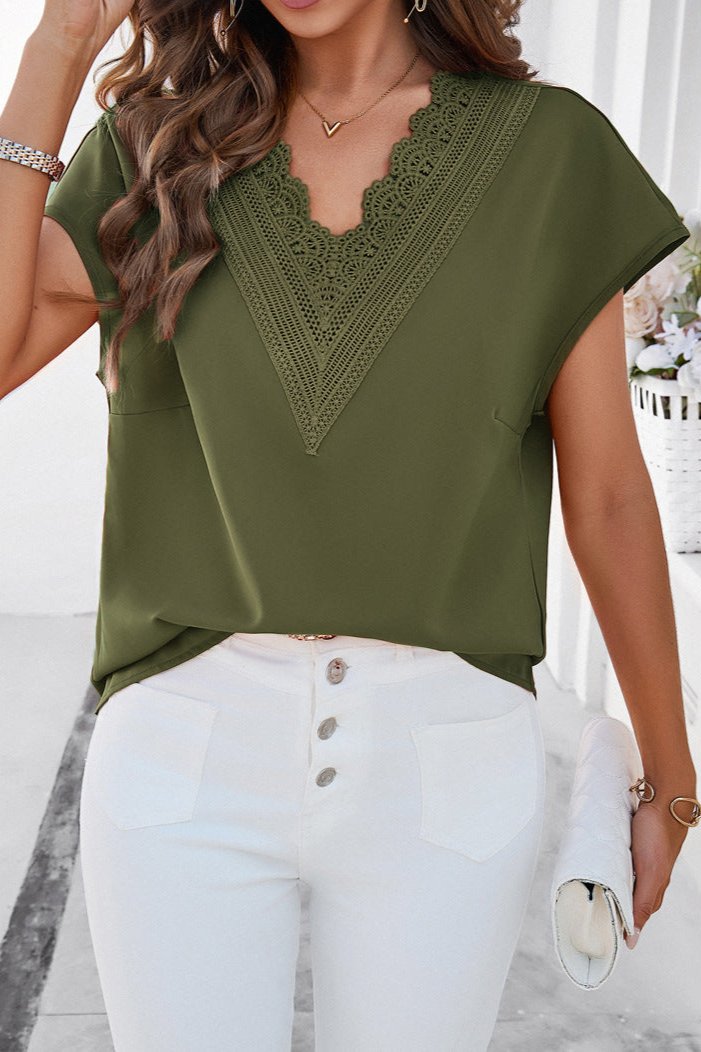 Green Elegant V-Neck Lace Short Sleeve Shirt