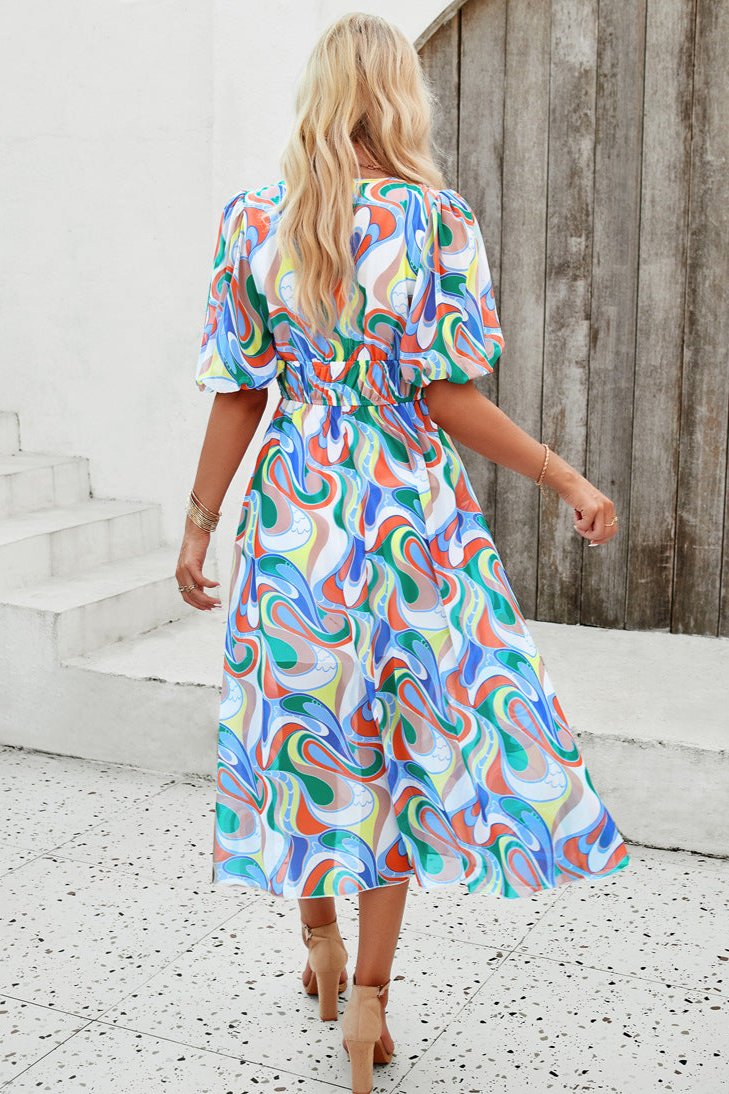 Casual Floral V-Neck Puff Sleeve Midi Dress