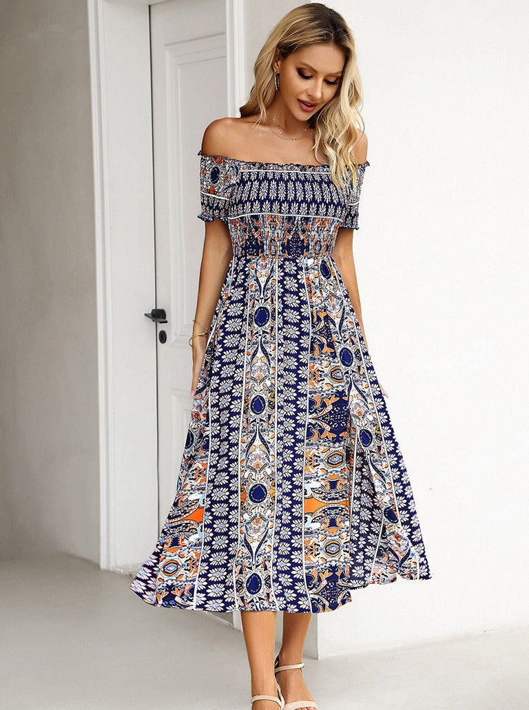 Sommer Off Shoulder Bohemian Slit Midi-kjole 