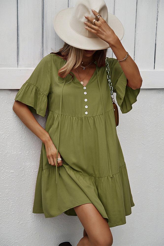 Green Sexy Frill V-Neck Drawstring Tie Smock Dress