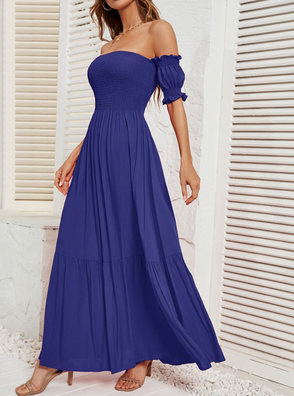 Off Shoulder Bell Sleeve Solid Color Maxi Dress