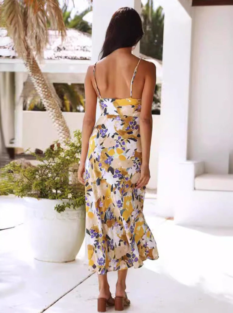 Summer Slim Split Sexet Floral Chiffon Vintage Midi-kjole 