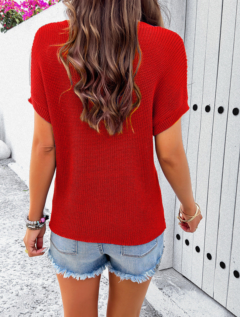 Red Round Neck Summer Hollow Shirt