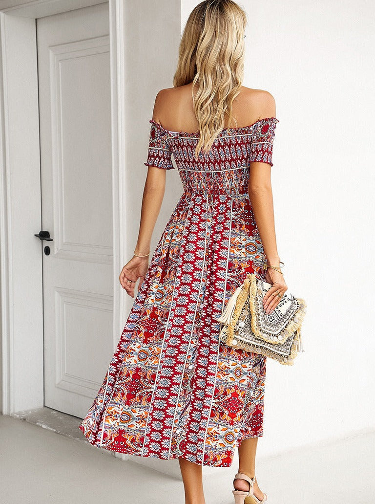 Sommer Off Shoulder Bohemian Slit Midi-kjole 