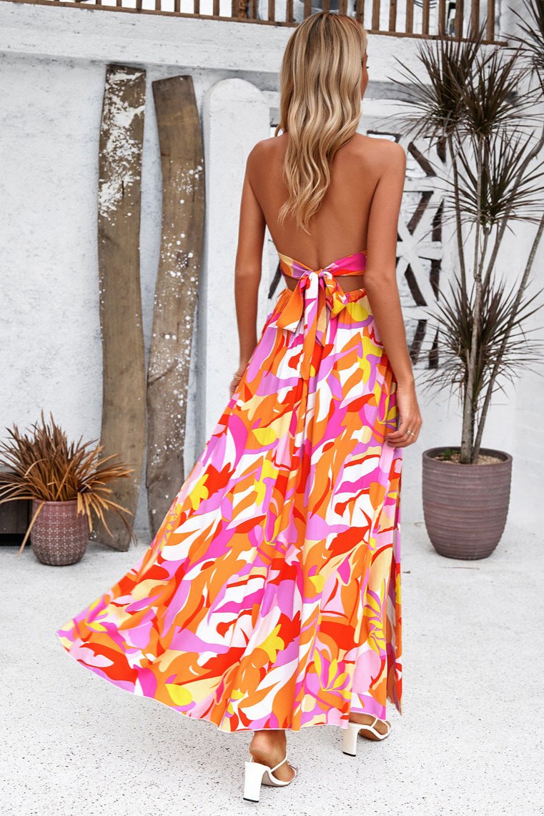 Classy Red V-Neck Halter Floral Maxi Dress