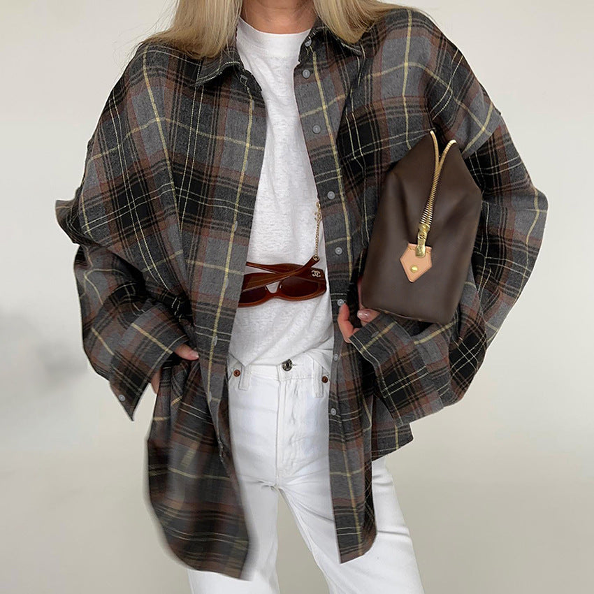 Retro løs plaid skjorte med knapper 