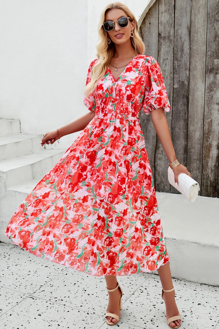 Casual Floral V-Neck Puff Sleeve Midi Dress