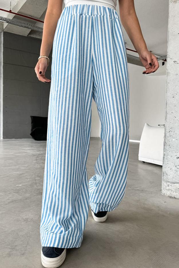 Casual Blue Stripes High Waist Loose Straight Elastic Trousers