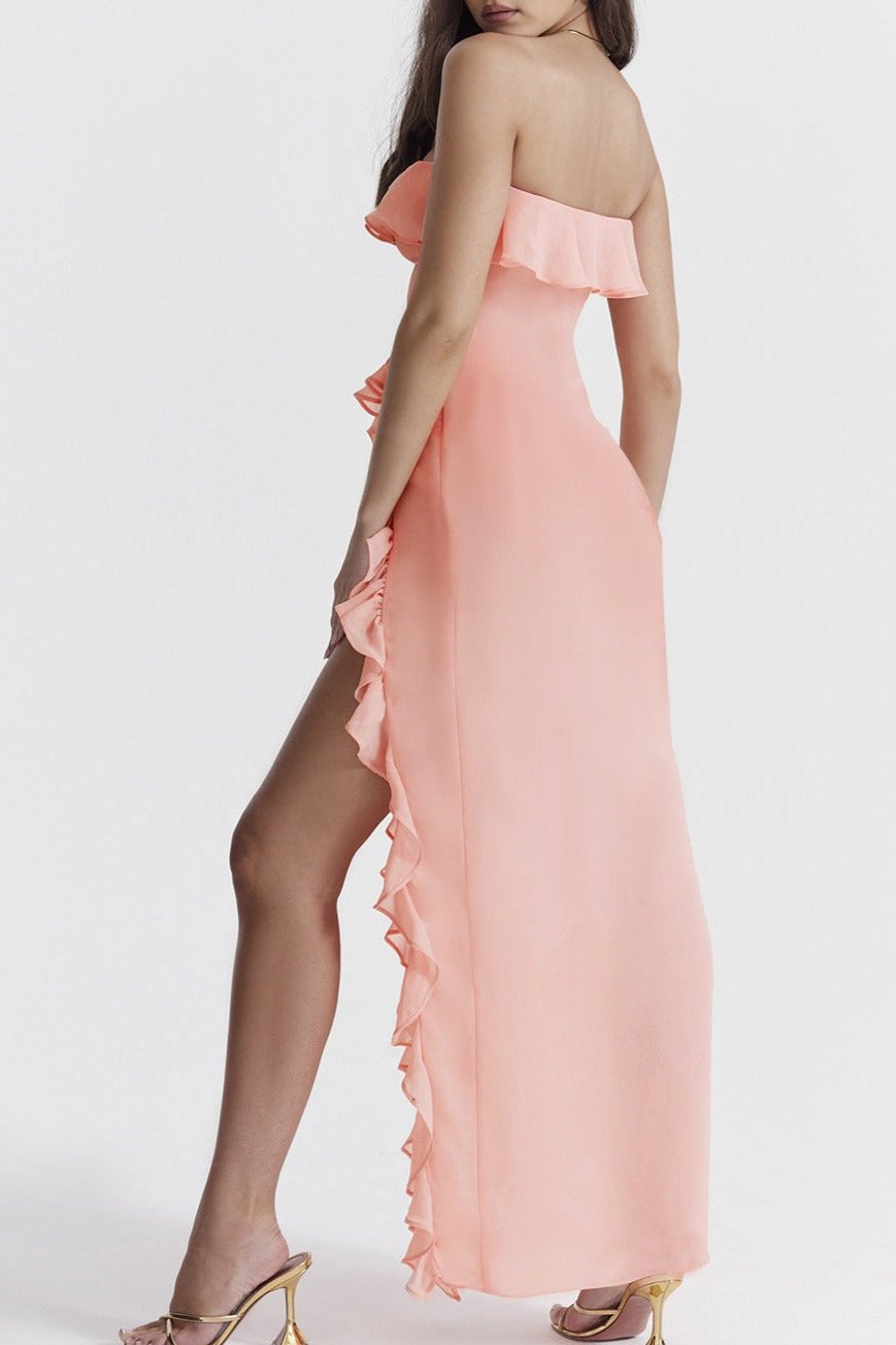 Classy Strapless Ruffle Asymmetrical Dress