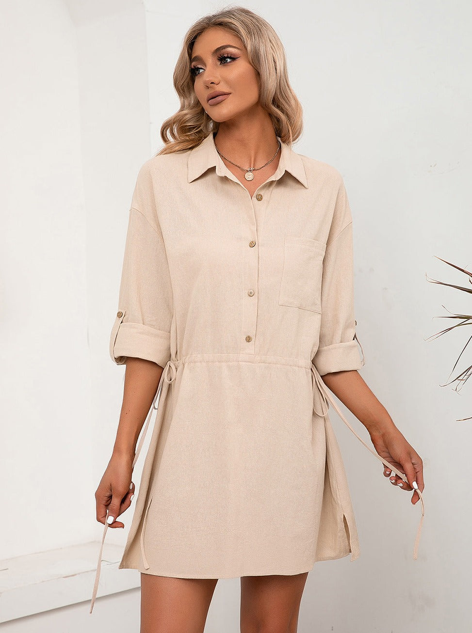 Khaki Langærmet Collared Button-Up skjortekjole 