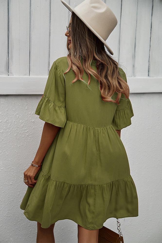 Green Sexy Frill V-Neck Drawstring Tie Smock Dress