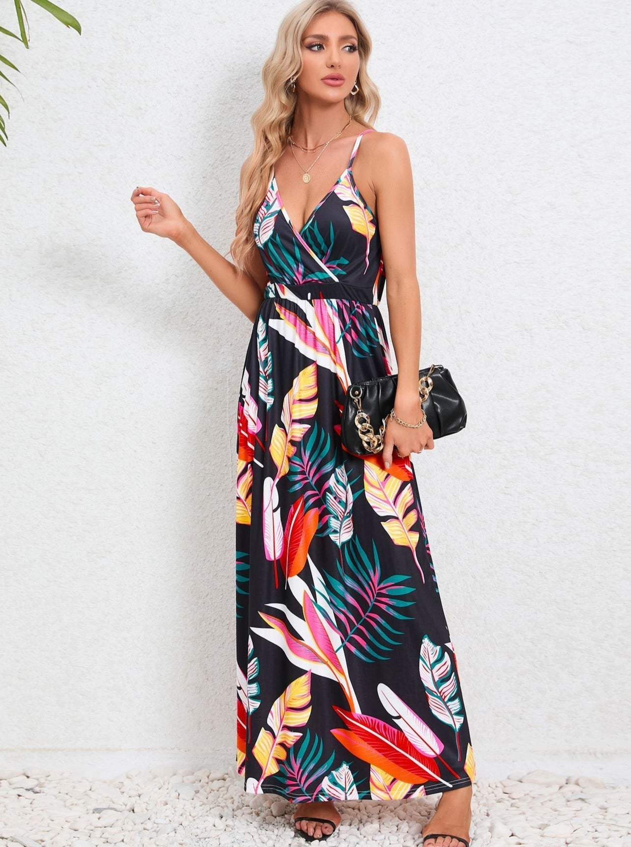 Black Tropical Printed Long Dress