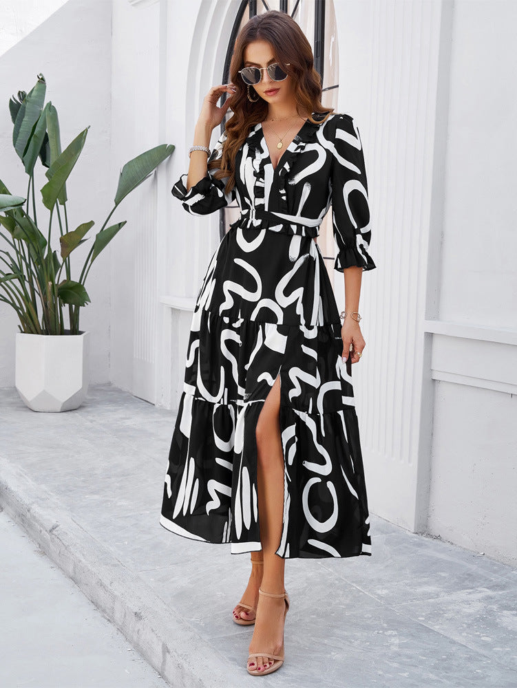 Black V-Neck Abstract Printed Sundress