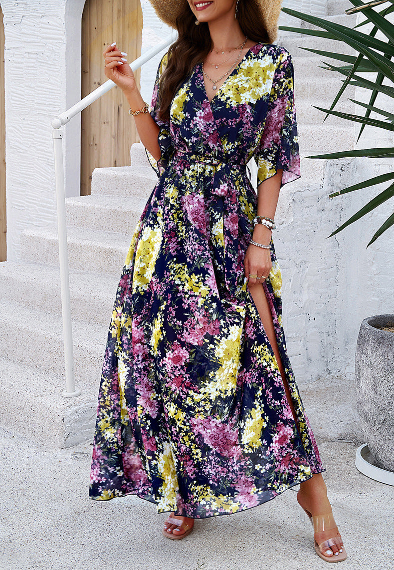 Yellow Floral Printed V-Neck Pleated Dress