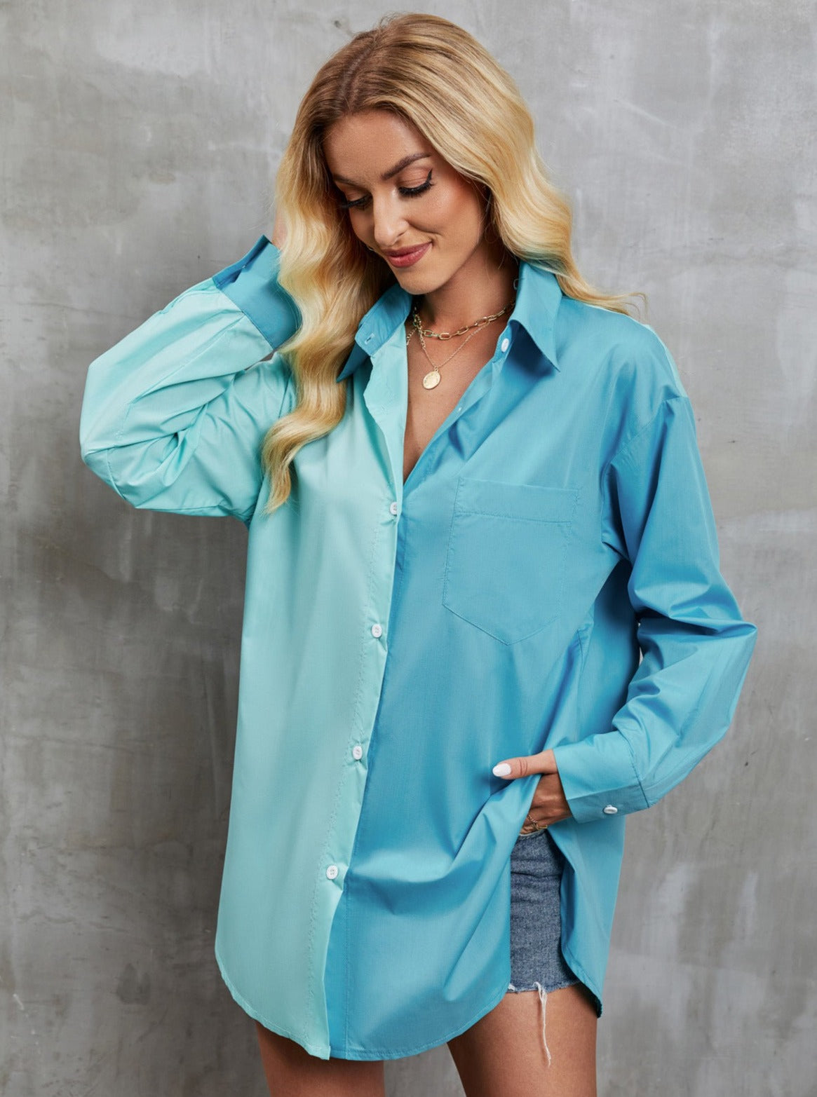 Two Tone Casual Long Sleeve Temperament Shirt