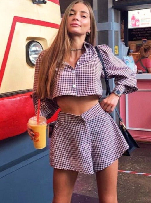 Todelt langærmet plaid Crop skjorte med høj talje mini A-line shorts sæt 