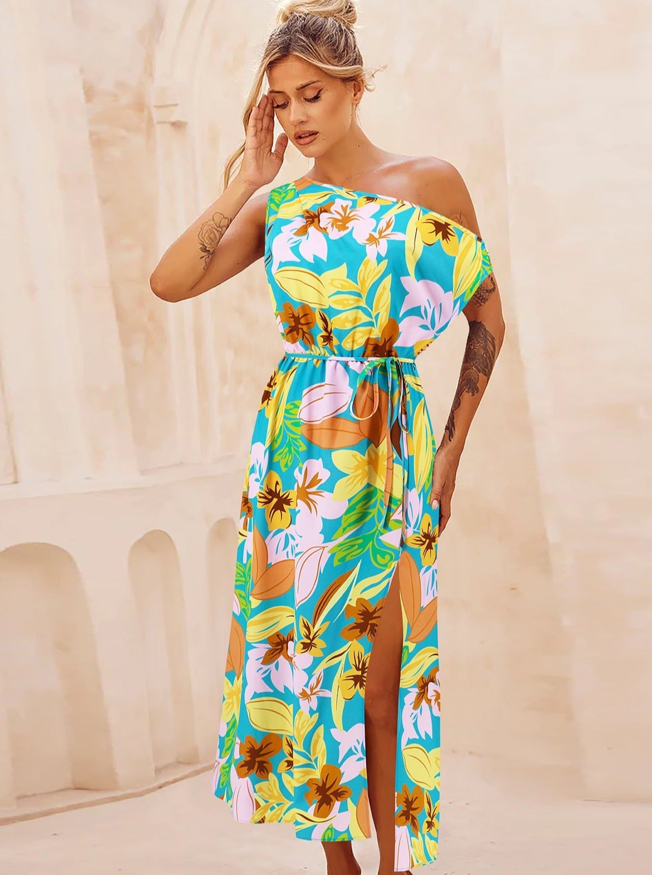 Floral Print Slant Shoulder Belted Long Dress