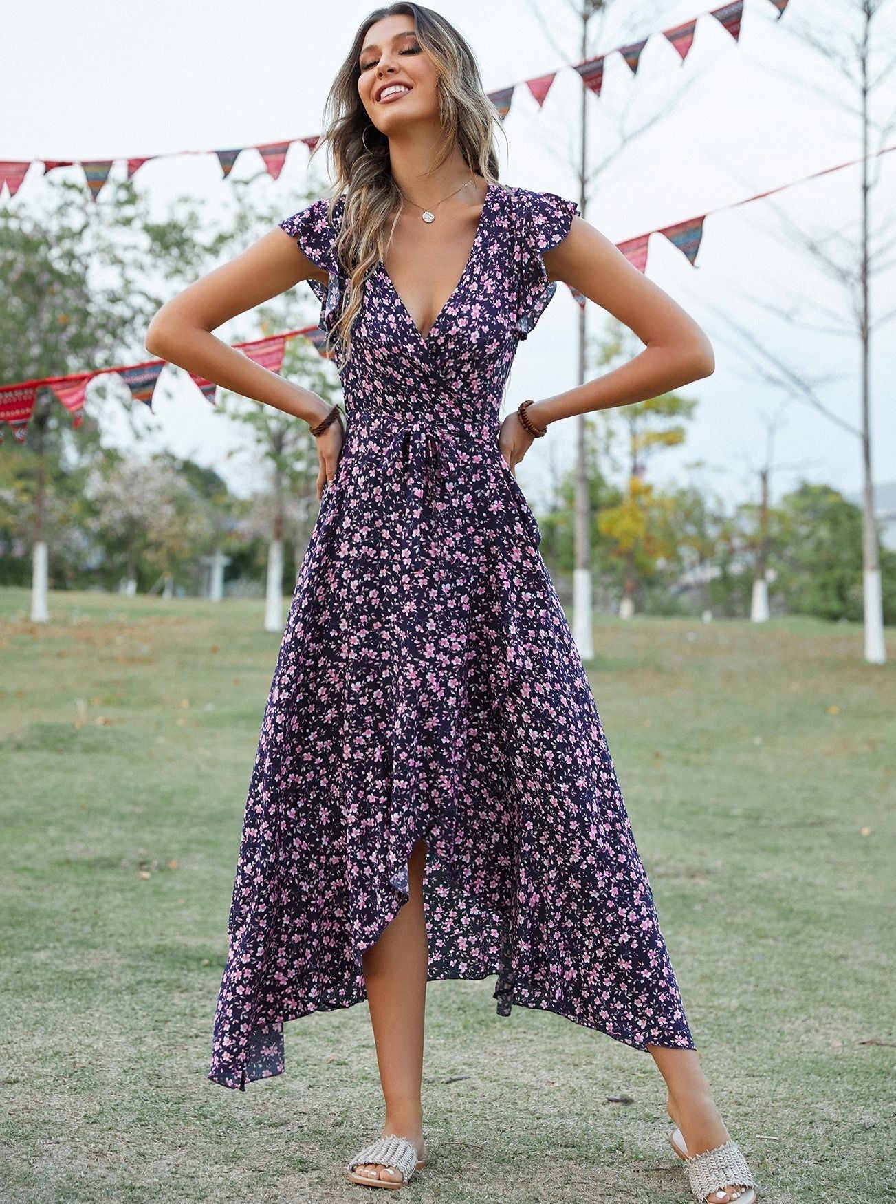 Bohemian Floral Print Vintage bomuld Slit Midi-kjole 