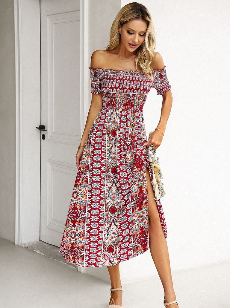 Sommer Off Shoulder Bohemian Slit Midi-kjole 