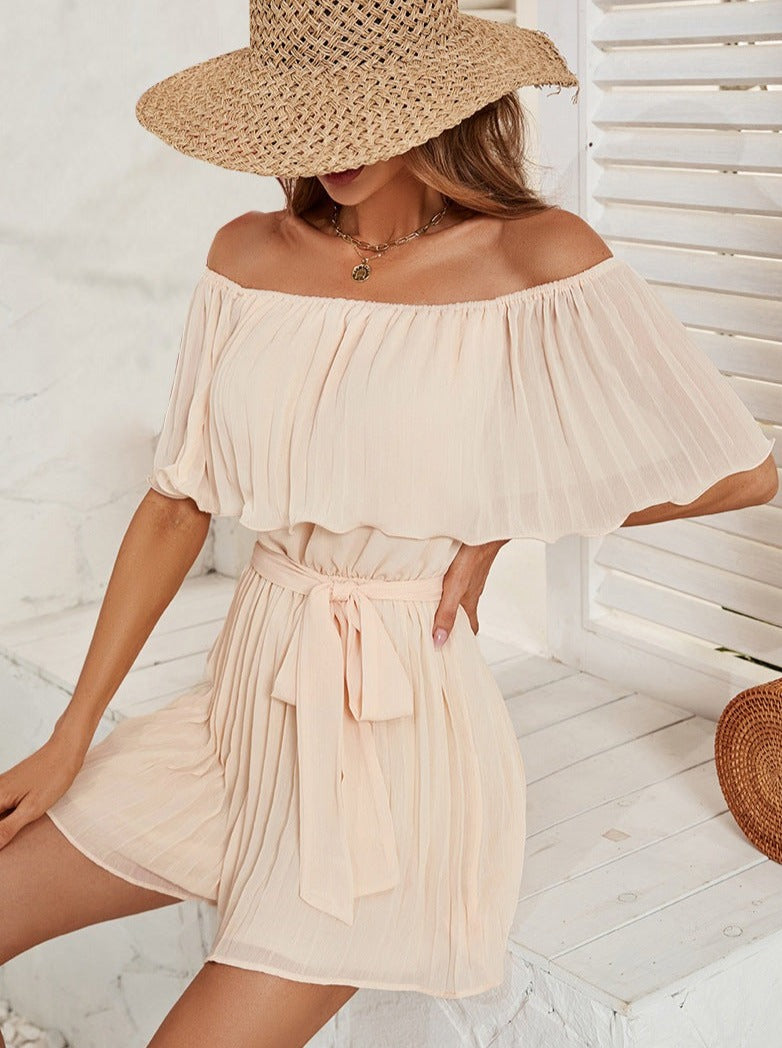 Beige Off-Shoulder Pleated Collar Jumpsuit