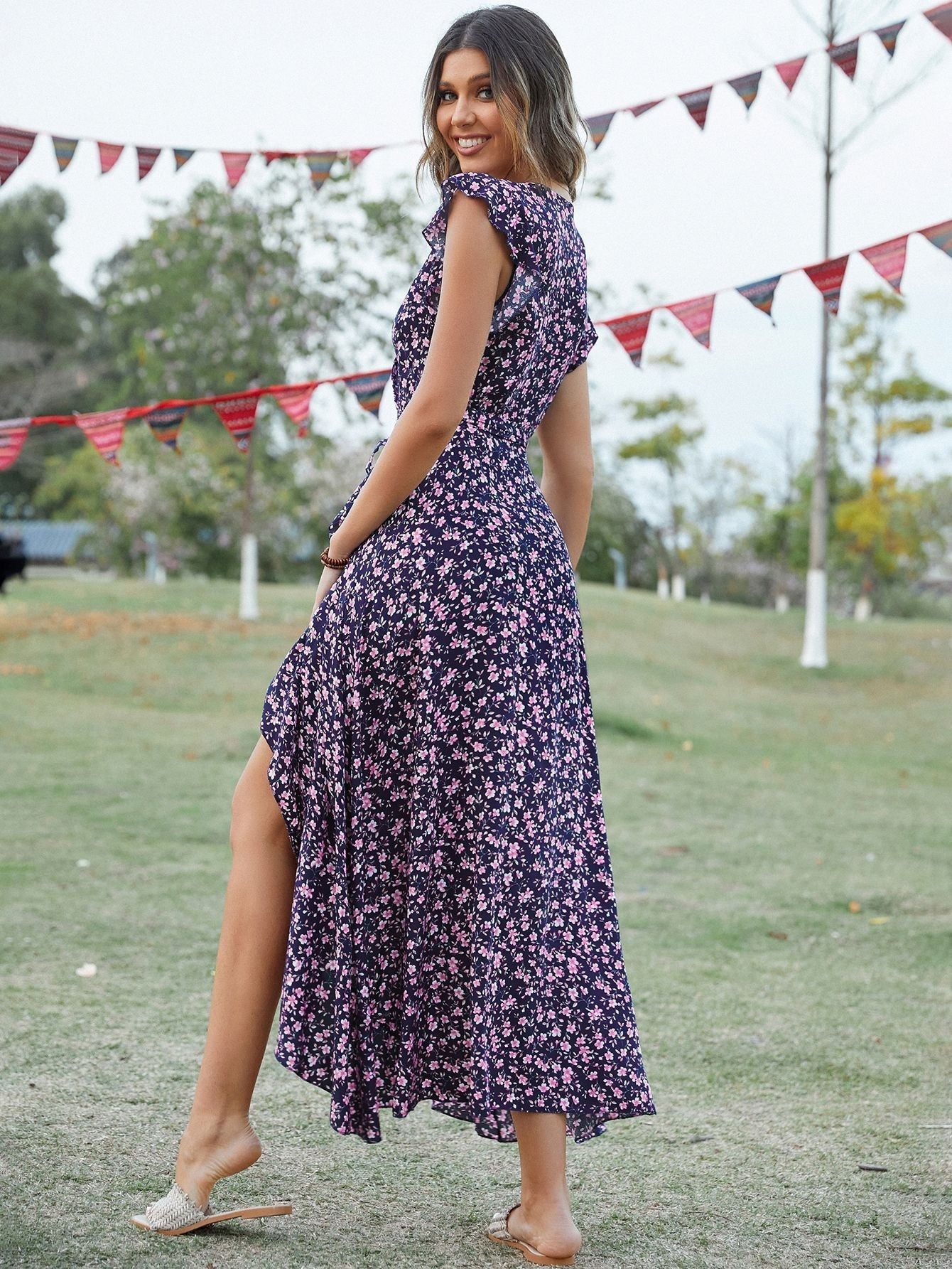 Bohemian Floral Print Vintage bomuld Slit Midi-kjole 