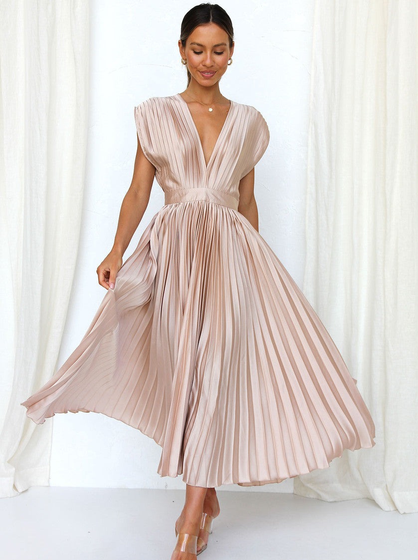 Pink Casual V-Neck Pleated Dress