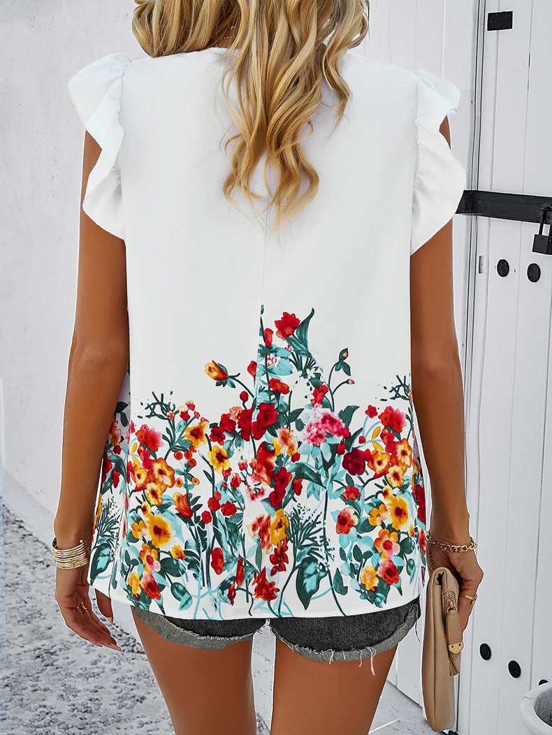 Hvid rund hals blomstret bluse 