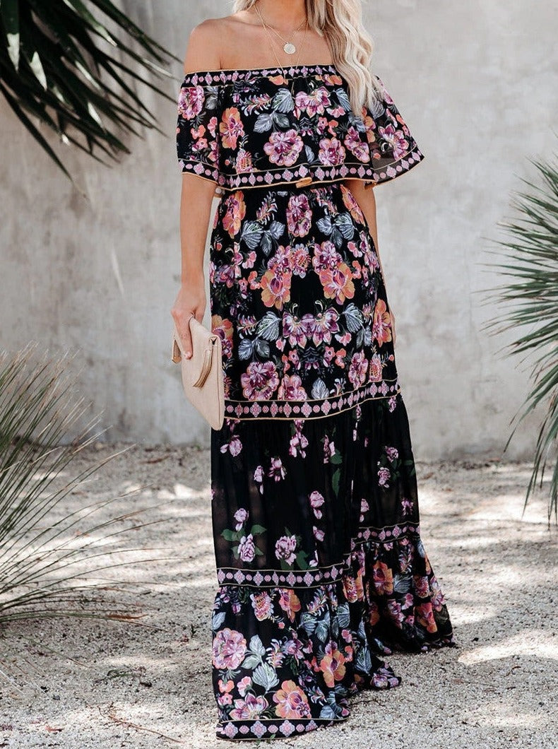 Black Floral Retro Printed Off Shoulder Maxi Dress