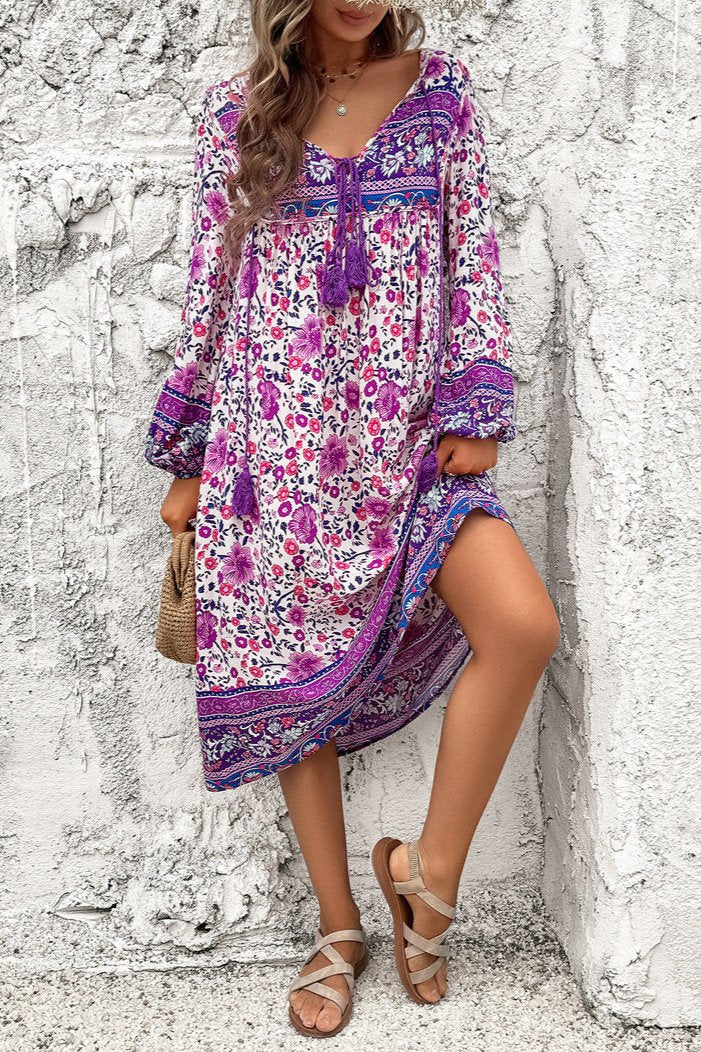 Stylish Purple Floral Long Lantern Sleeve Midi Dress