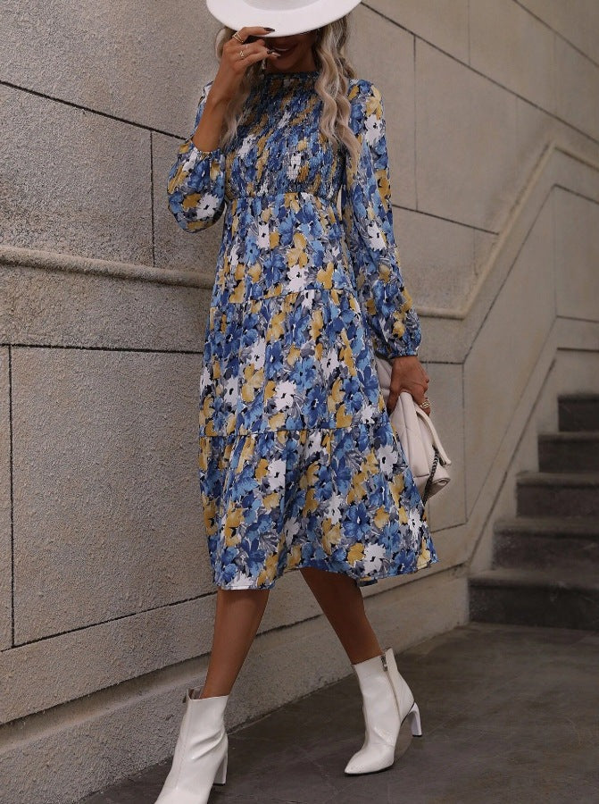 Floral Printed Lantern Sleeve Flared Dress