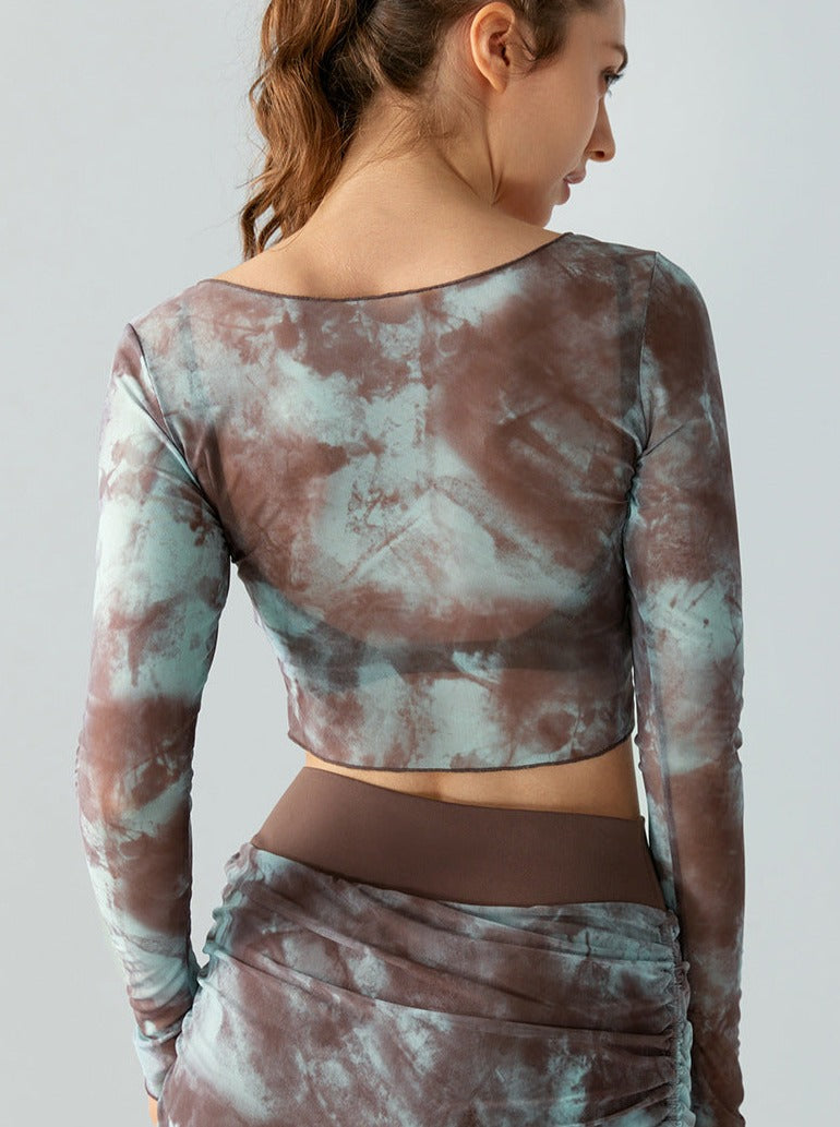 Tie Dye Langærmet Mesh Slim Crop Top 