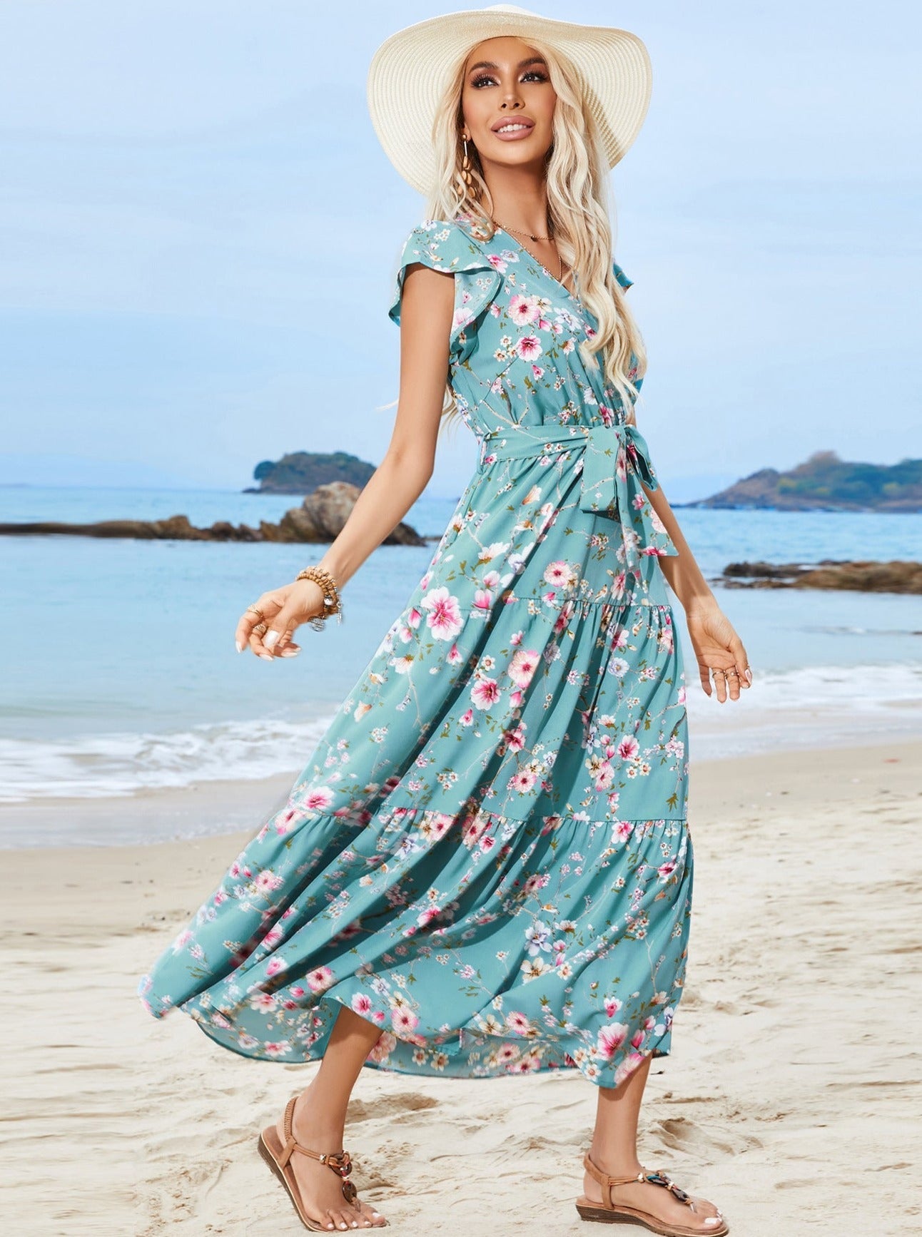 Sweet Floral Wrap Up Style V-hals flæser ærmet Maxi-kjole med bælte 