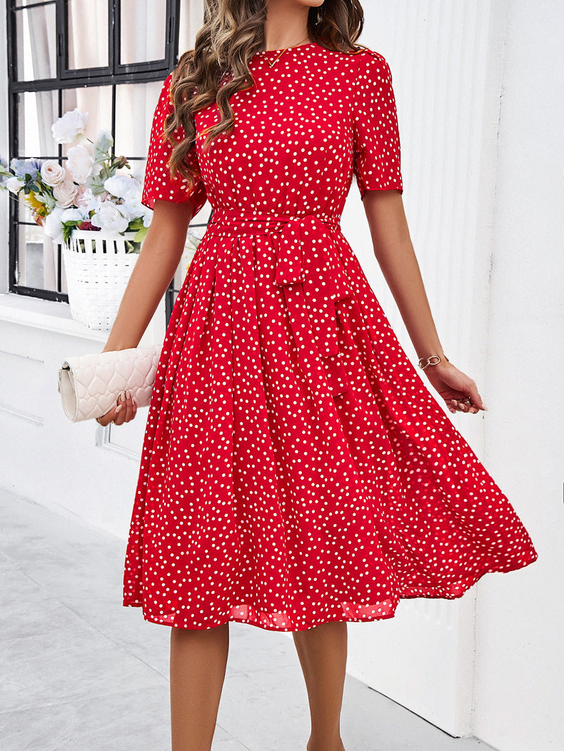 Retro Polka Dots printet rund hals A-line kjole 